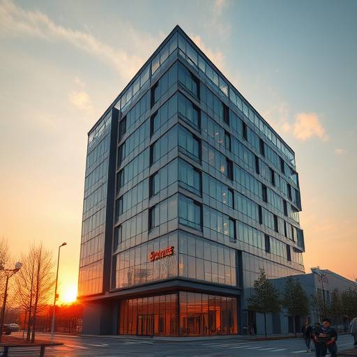A breathtaking exterior view of a modern building at sunset, highlighting its architecture
