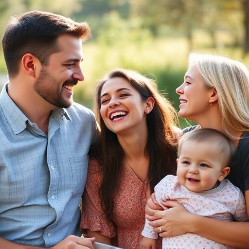 A candid portrait of a family laughing together in a natural outdoor setting