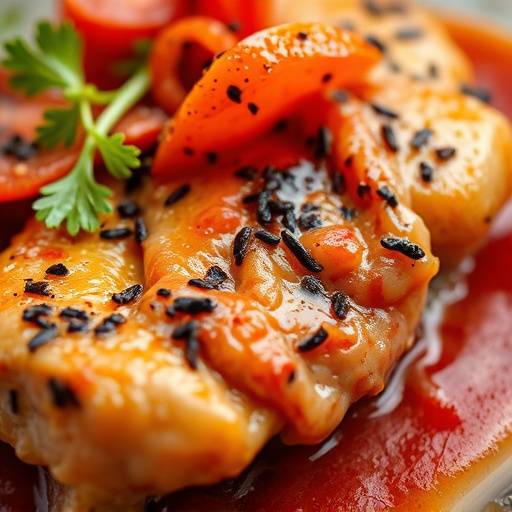 A close-up shot of a gourmet dish, emphasizing textures and colors