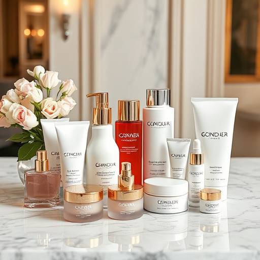 A collection of beauty products arranged artfully on a marble surface