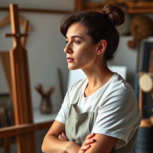 A contemplative portrait of an artist in their studio, surrounded by creative tools