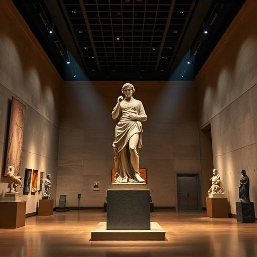 A dramatic interior shot of a modern museum exhibiting a sculpture under spotlights