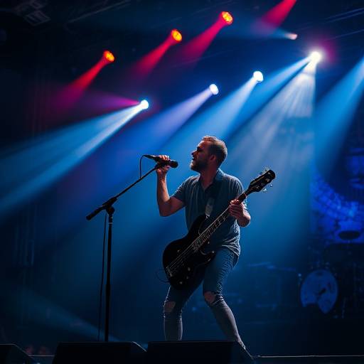 A musician performing on stage during a concert, with dramatic lighting
