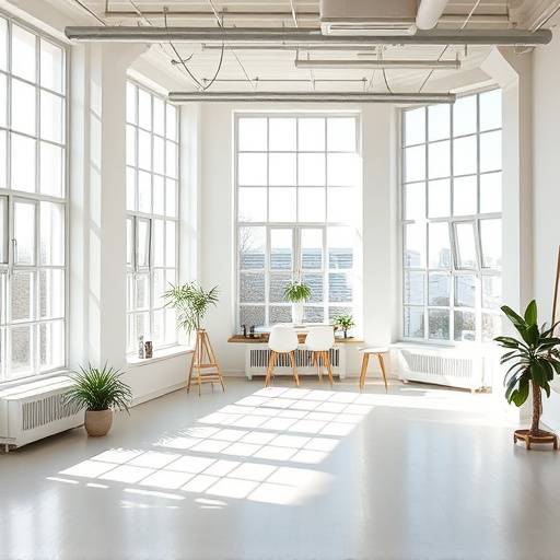 Bright studio interior with abundant natural light streaming through large windows