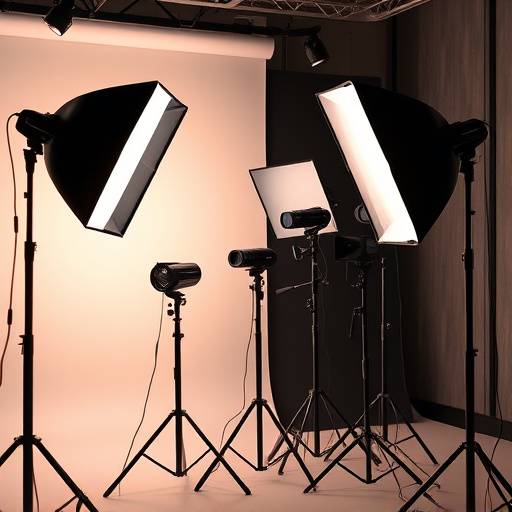 Variety of studio lighting equipment including softboxes, strobes, and stands
