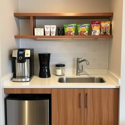 Well-stocked kitchenette with coffee maker and snacks